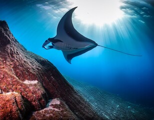 Majestic Manta Ray Glides Through Azure Waters, Sunbeams Dancing on Its Wings, a Breathtaking Underwater Encounter by a Coral Reef.