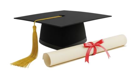 a graduation cap and diploma isolated on a transparent background, symbolizing academic achievement, education milestones, and success. Perfect for graduation, school, or educational themes.