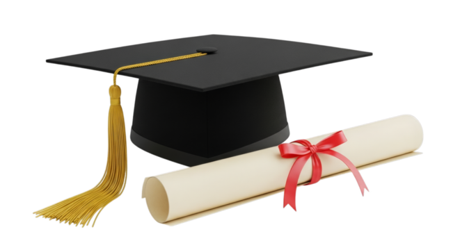 a graduation cap and diploma isolated on a transparent background, symbolizing academic achievement, education milestones, and success. Perfect for graduation, school, or educational themes.
