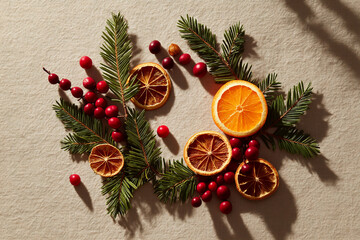 Minimalist Christmas Flat-Lay with Red Berries and Dried Oranges