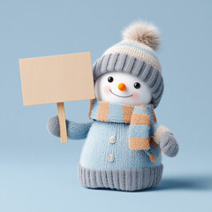 Happy snowman character wearing knitted hat and scarf holding blank wooden sign board isolated on blue background
