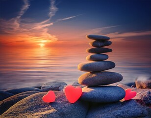 Zen Stones Stacked by the Ocean at Sunset with Heart Shapes: A Symbol of Love, Balance, and Serenity