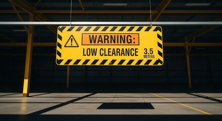 Industrial Warning Sign Displaying Low Clearance With Bold Typography And Hazard Symbols