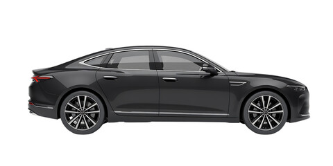 Sleek dark sedan isolated on black background for automotive design