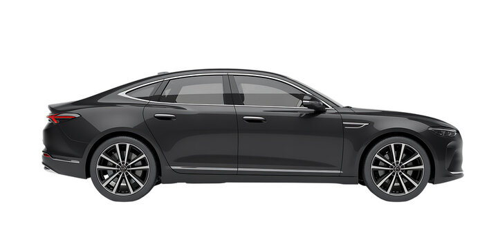 Sleek dark sedan isolated on black background for automotive design