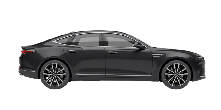 Sleek dark sedan isolated on black background for automotive design