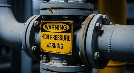 Industrial Warning Sign Highlighting High Pressure Risks on Metal Pipe Infrastructure