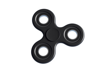 Black fidget spinner with three arms and silver bearings, realistic style, isolated on white background. Concept of stress relief toy. 3D Rendering
