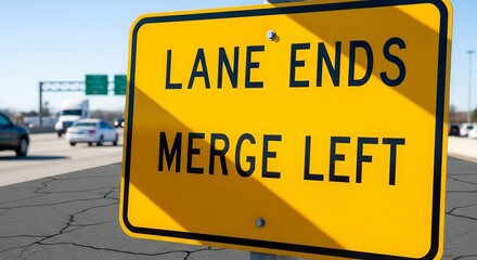 Fototapeta premium Lane Ends Merge Reminder Sign on Roadway Warns Drivers To Shift Left To Avoid Collision