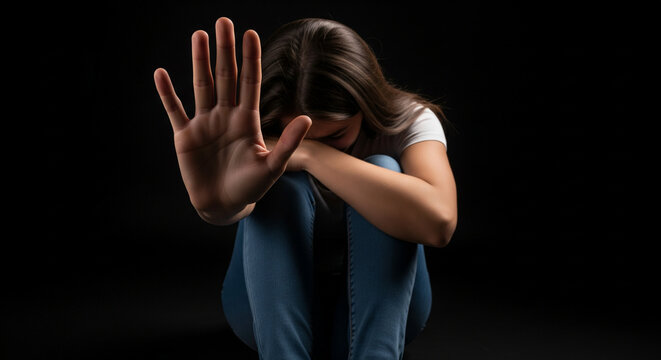 Mujer joven asustada mostrando gesto de pare con la mano y cubriendo su rostro sobre fondo negro. Concepto de violencia de g&eacute;nero y miedo.