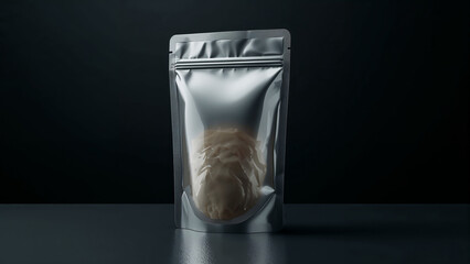 Silver Package Standing on Dark Surface with Tan Contents Inside