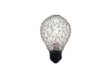 Wireframe lightbulb structure symbolizing creative idea and technology, clean modern style on white background. Concept of innovation. 3D Rendering