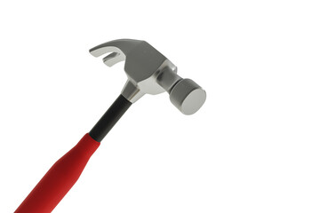 Claw hammer with red grip and metal head shown in closeup on white background, clean layout concept for construction or DIY tool element. 3D Rendering
