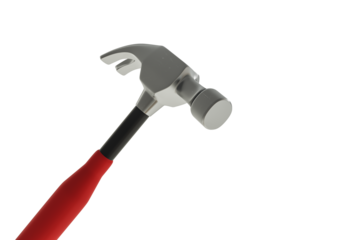 Claw hammer with red grip and metal head shown in closeup on white background, clean layout concept for construction or DIY tool element. 3D Rendering