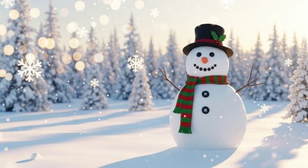 Obraz premium Festive Snowman with Top Hat and Scarf in Snowy Winter Landscape with Falling Snow