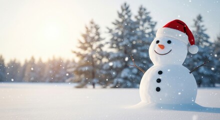 Obraz premium Happy Snowman with Red Santa Hat in a Sunny Snowy Winter Forest Landscape