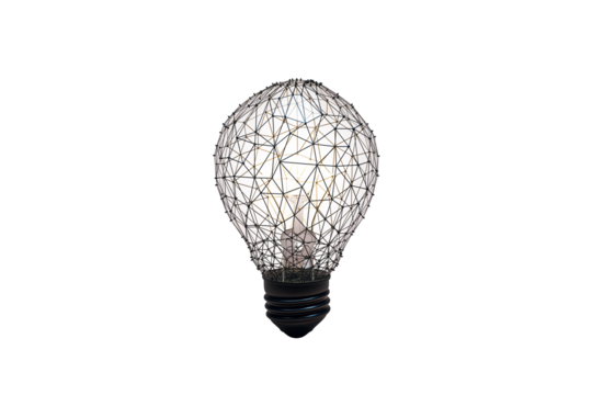 Wireframe lightbulb structure symbolizing creative idea and technology, clean modern style on white background. Concept of innovation. 3D Rendering
