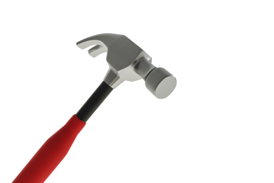 Claw hammer with red grip and metal head shown in closeup on white background, clean layout concept for construction or DIY tool element. 3D Rendering