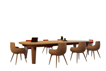 Oval office desk with eight modern brown chairs, laptop, books, and decor on white background. 3D Rendering. Concept of meeting or workspace