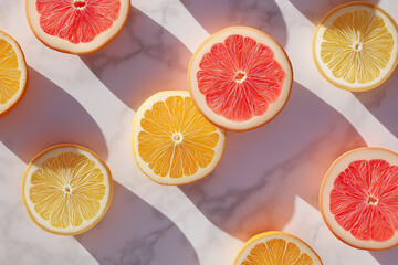 Minimalist Flat-Lay of Sliced Oranges and Grapefruits on Linen