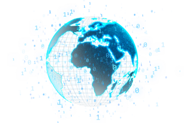 Glowing digital world map with binary code and grid lines, blue graphic style on white background, concept of global virtual technology. 3D Rendering