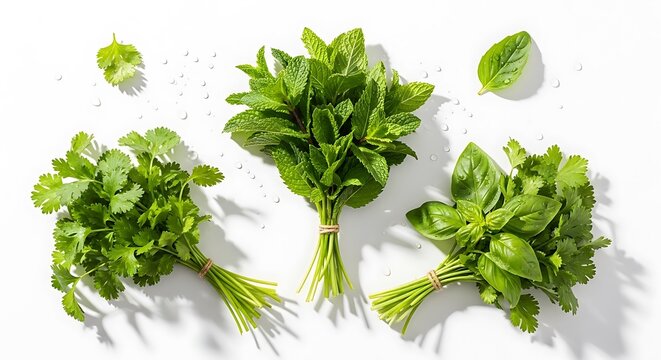 Three bunches of fresh green herbs on a white background