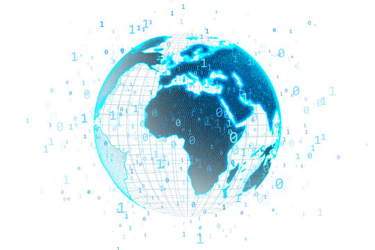 Glowing digital world map with binary code and grid lines, blue graphic style on white background, concept of global virtual technology. 3D Rendering