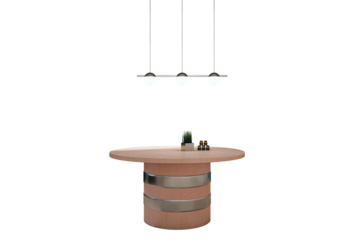 Round wooden table with metallic bands, minimalist pendant light, and small decor elements, isolated on white background. 3D Rendering