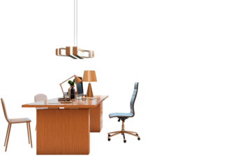Office desk with chairs, monitors, lamps and accessories in modern style on white transparent background. Concept of clean business workspace. 3D Rendering