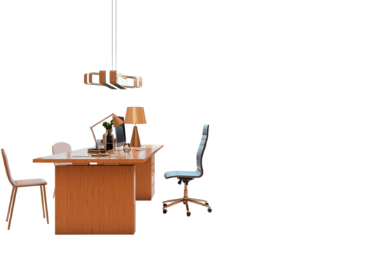 Office desk with chairs, monitors, lamps and accessories in modern style on white transparent background. Concept of clean business workspace. 3D Rendering