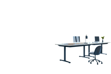 Contemporary office desk with computers, chair, lamp, and decor in clean layout style on a white isolated background. 3D Rendering