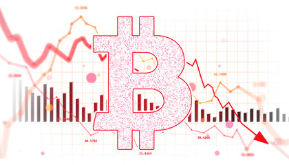 Bitcoin icon with red dotted design over crashing chart and bar graph, on light background. Concept of crypto market fall and financial crisis. 3D Rendering