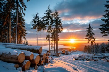 Snow covered forest logging site at winter sunrise