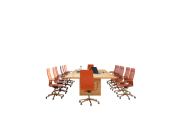 Office conference table with leather chairs, clean layout, on white background. Concept of corporate meeting, workspace, or business setup. 3D Rendering