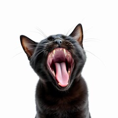 Closeup portrait of a cute black cat yawning widely with mouth open showing teeth and tongue isolated on white background