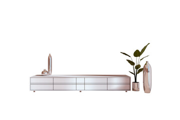 Contemporary sideboard cabinet with metallic vases and indoor plant on light background, clean minimal furniture element for modern layout. 3D Rendering
