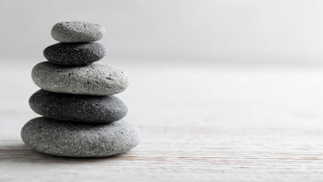 A stack of five smooth, grey and black river stones perfectly balanced on a light wooden surface, symbolizing peace, stability, and harmony.