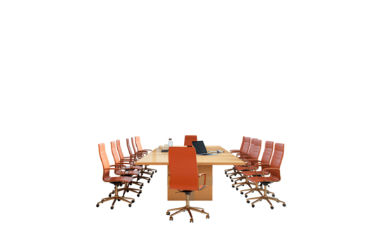 Office conference table with leather chairs, clean layout, on white background. Concept of corporate meeting, workspace, or business setup. 3D Rendering