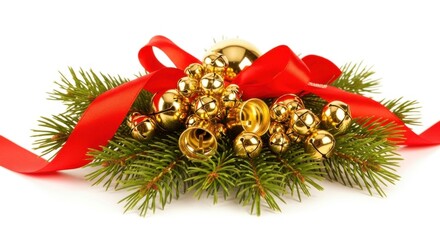 Festive Christmas Decoration with Golden Jingle Bells, Green Fir Branches, and a Red Ribbon on White Background.