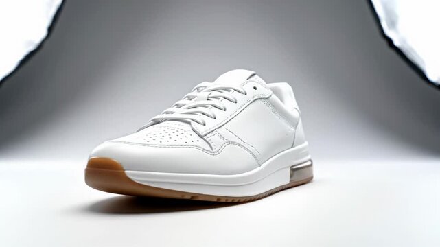 White sneakers rotating on display surface
