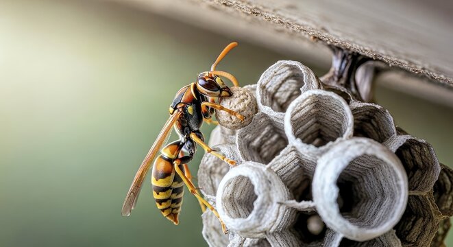 A paper wasp adding pulp to its intricate, hexagonal paper nest 1 - Powered by Adobe