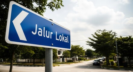 Fototapeta premium Local Road Sign Directing Traffic in Sunny Neighborhood Close Up Shot