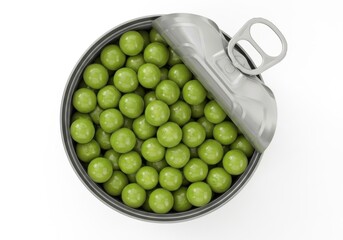 Freshly canned green peas top view open can kitchen staple healthy food ingredient