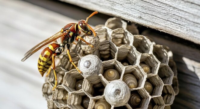 A paper wasp adding pulp to its intricate, hexagonal paper nest  - Powered by Adobe