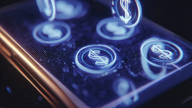 Futuristic glowing dollar signs emerge on a digital circuit-like surface, depicting online finance, digital currency, and the modern electronic economy.