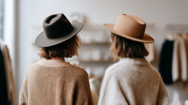 Two besties stroll through a boutique, excitedly browsing stylish clothes and accessories. Their cozy outfits and chic hats reflect their trendy fashion sense as they enjoy a sunny day together