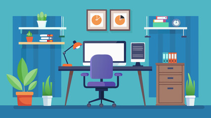 Fototapeta premium A blue and white office with a desk, chair, computer, and potted plants. The room is clean and organized, with a clock on the wall and a few books on the shelves. Scene is calm and professional