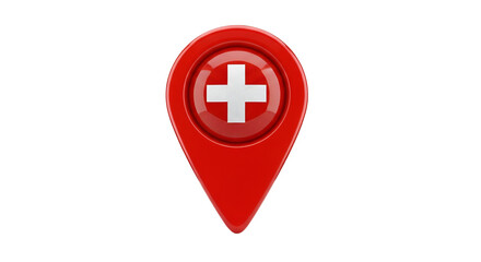 Obraz premium Healthcare Location Marker: A vibrant red location marker prominently displays a white cross, signifying healthcare services, indicating medical facilities and access to health resources. 