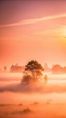 Soft pink light filters through the misty atmosphere
