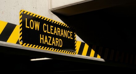 Low Clearance Hazard Sign In A Parking Structure, Warning Of Height Restrictions